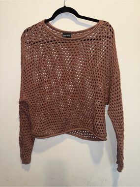 Miou Muse Open-Weave Crewneck Sweater in Mauve Brown